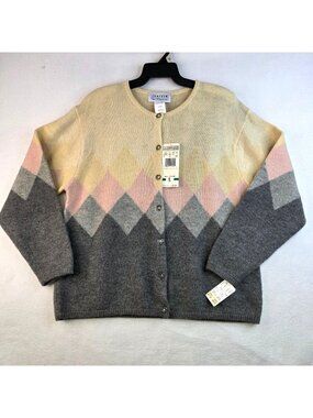 Vintage 90s Jantzen Argyle Wool Cardigan L Pastel Quiet Luxury Old Money Preppy